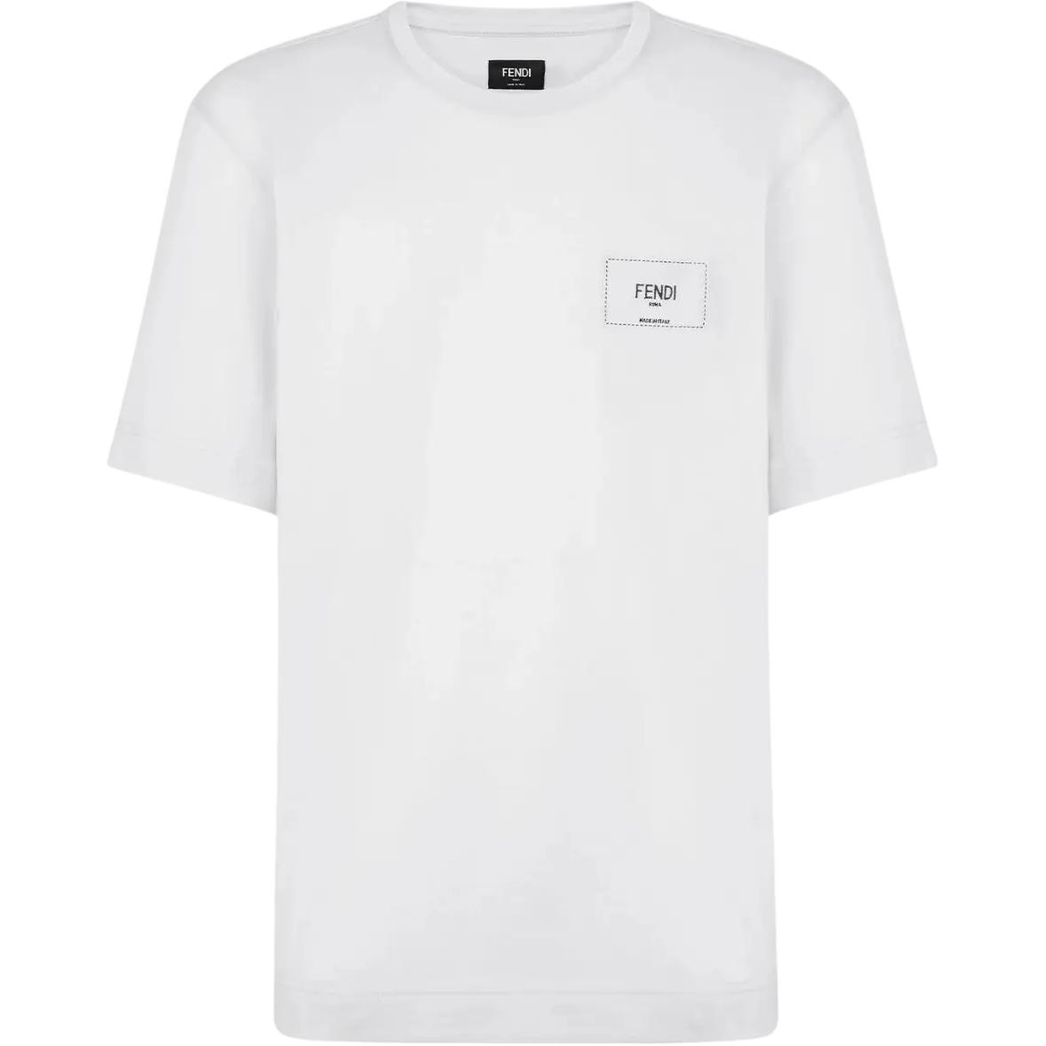 FENDI SS23 White Short Sleeve T-Shirt with Embroidered Logo Patch for Men. FY0894A9RLF0WA0