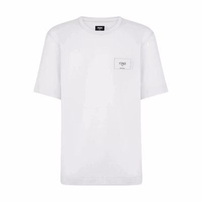 FENDI SS23 White Short Sleeve T-Shirt with Embroidered Logo Patch for Men. FY0894A9RLF0WA0