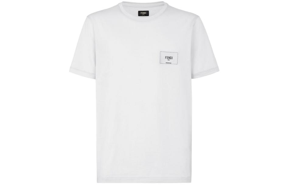 Order 펜디 SS23 남성용 화이트 반팔 자수 로고 패치 티셔츠. FY0894A9RLF0WA0