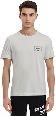 FENDI SS23 White Short Sleeve T-Shirt with Embroidered Logo Patch for Men. FY0894A9RLF0WA0 Details for FENDI SS23 White Short Sleeve T-Shirt with Embroidered Logo Patch for Men. FY0894A9RLF0WA0