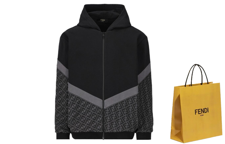 Shop 芬迪 SS24 黑色连帽拉链长袖休闲卫衣 FAF709AN67F1N6F