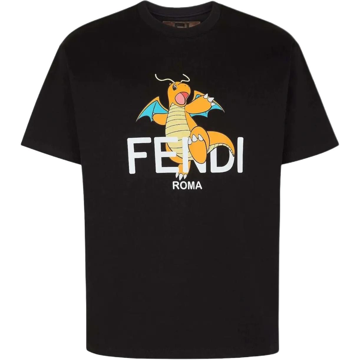 FENDI SS24  Black Logo Print Cartoon Graphic Casual Crewneck T-Shirt. FY1144AQJLF0QA1