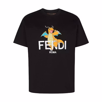 FENDI SS24 Black Logo Print Cartoon Graphic Casual Crewneck T-Shirt. FY1144AQJLF0QA1