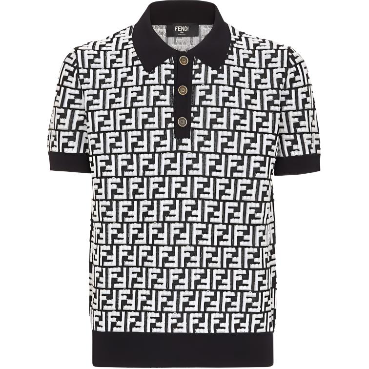 FENDI SS24  Black Logo Print Casual Knit Short Sleeve Shirt. FZC349AR85F0QA1