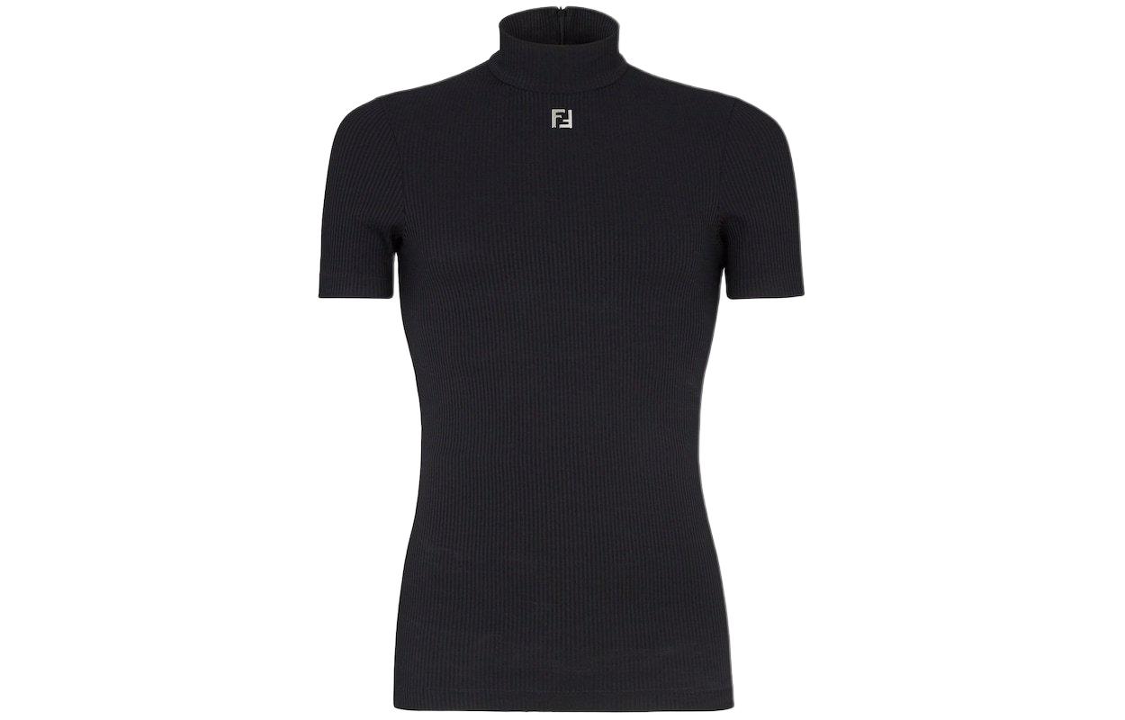 FENDI SS24  Black Solid Ribbed Turtleneck Slim Fit Knit Shirt. FY1281AR6SF0QA1