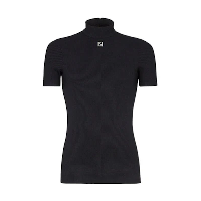 FENDI SS24 Black Solid Ribbed Turtleneck Slim Fit Knit Shirt. FY1281AR6SF0QA1