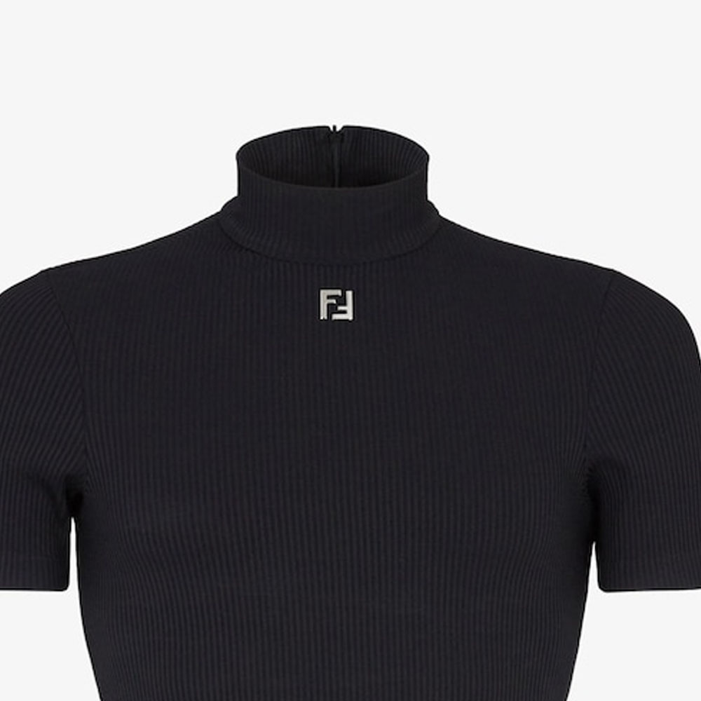 Sizing 펜디 SS24 블랙 슬림핏 립 니트 터틀넥 셔츠. FY1281AR6SF0QA1