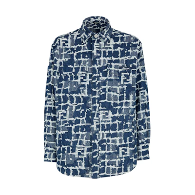 FENDI SS24 Blue Denim Jacket with Logo, Button-Up, Relaxed Fit. FW1292AR9NF0UV2