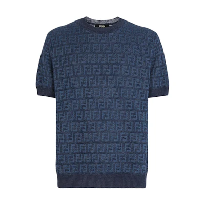 FENDI SS24 Blue Logo Knit Short-Sleeve Crewneck Casual Shirt. FZY443AO5JF0GCT