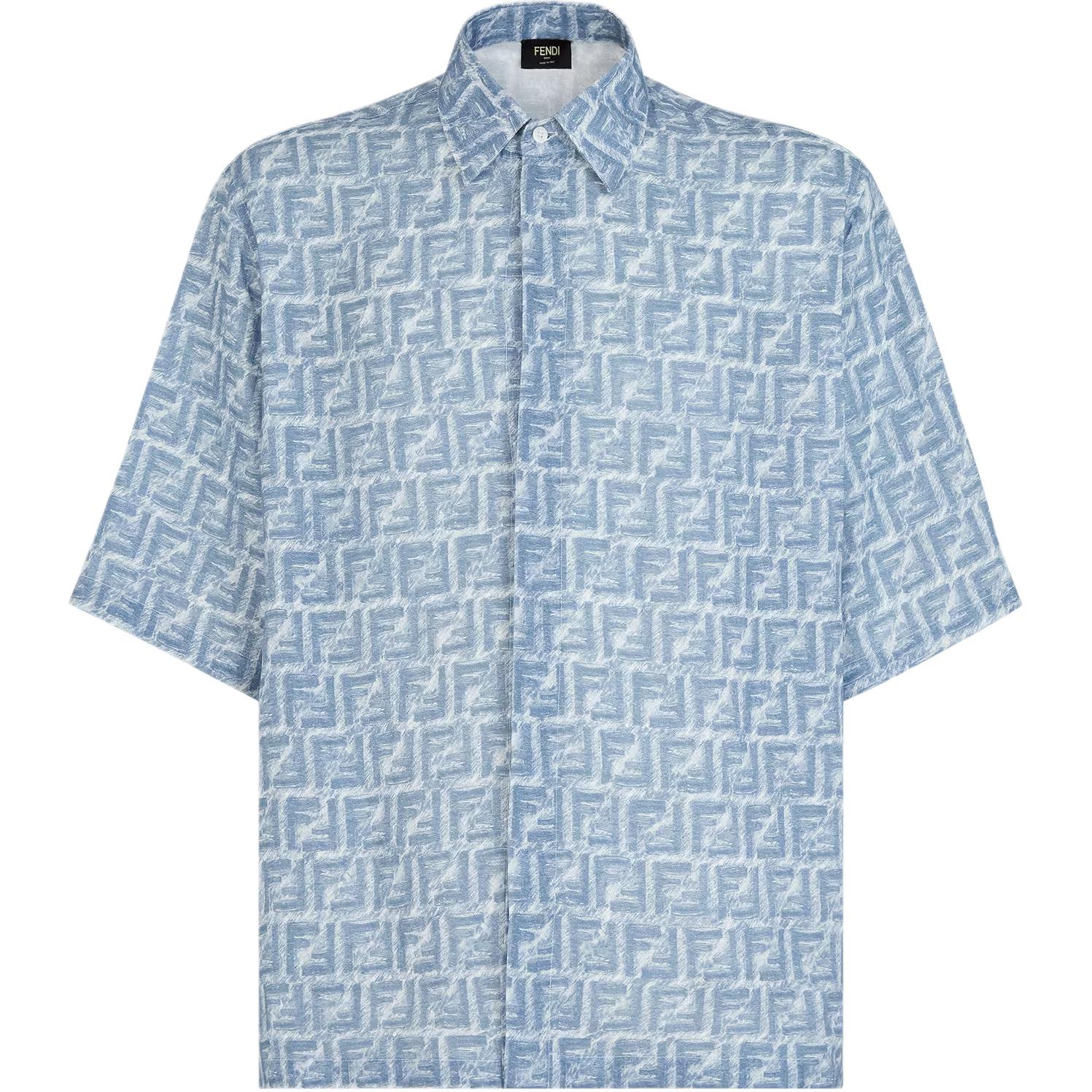 FENDI SS24  Blue Short Sleeve Shirt with Logo Print and Snap Buttons. FS0795AR62F0GCT