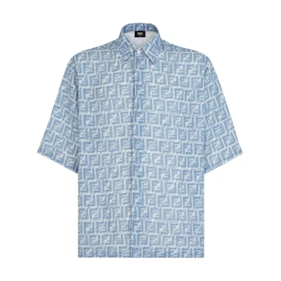FENDI SS24 Blue Short Sleeve Shirt with Logo Print and Snap Buttons. FS0795AR62F0GCT