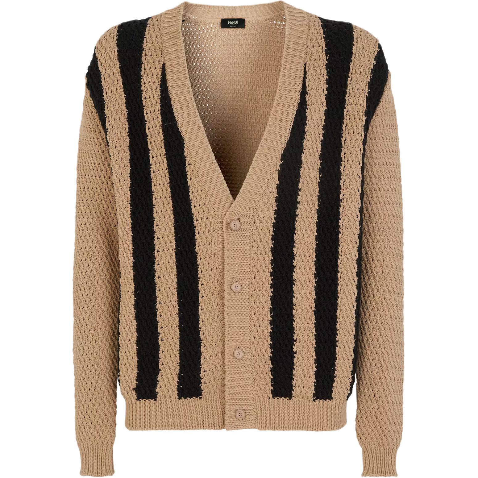 FENDI SS24  Brown Striped V-Neck Button-Up Long Sleeve Knitwear. FZC149ARZEF0KBZ