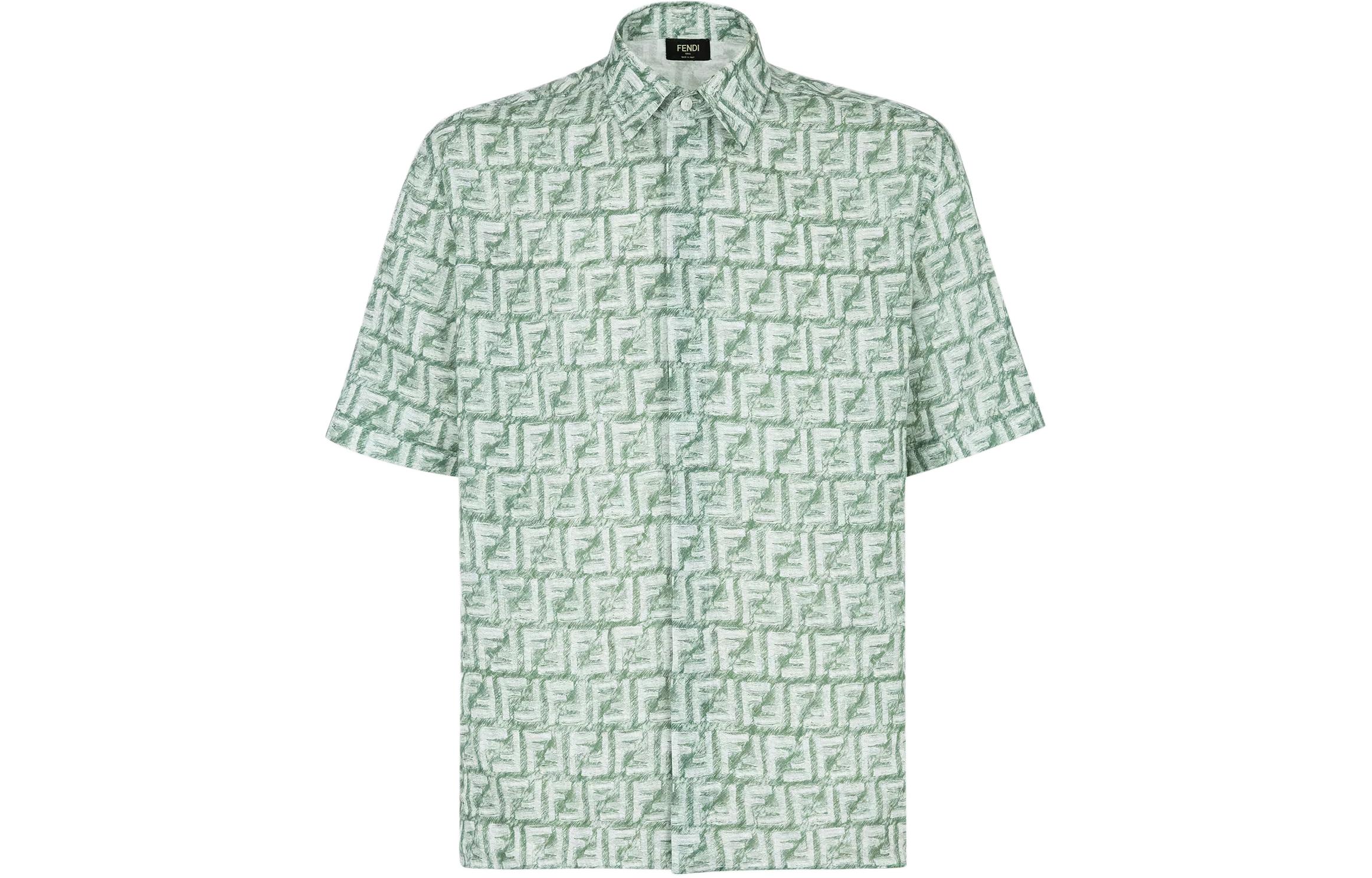 FENDI SS24  Green Short Sleeve Shirt with All-Over Logo Print. FS0795AR62F1MTQ