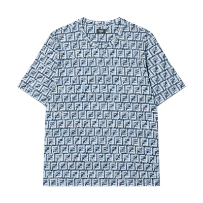 FENDI SS24 All-Over Logo Blue Crewneck Casual T-Shirt. FY0936AR79F04V6