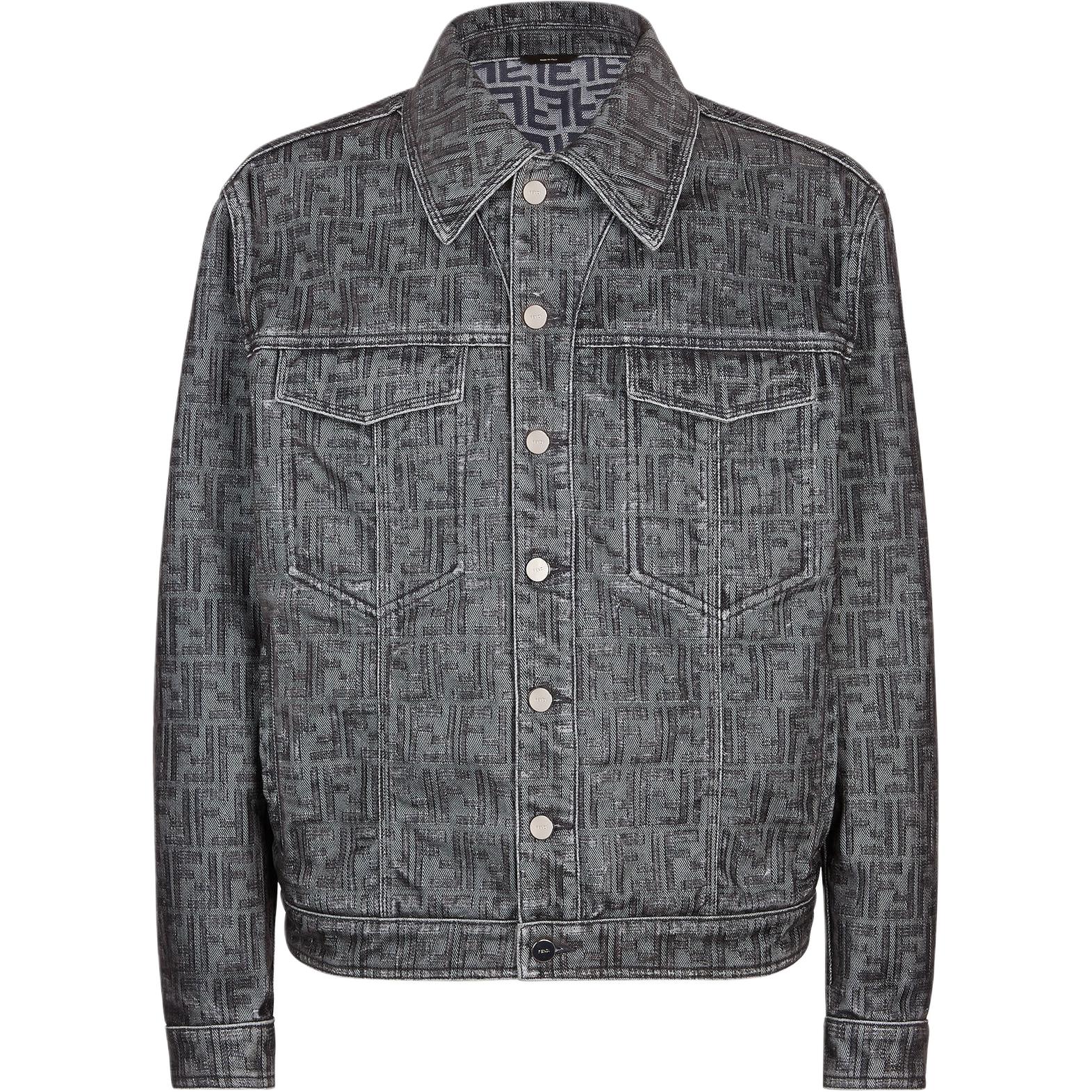 FENDI SS24 Logo Print Denim Jacket Grey  Long Sleeve Collared Style. FW0428APSWF1LUY