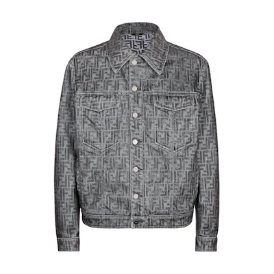 FENDI SS24 Logo Print Denim Jacket Grey Long Sleeve Collared Style. FW0428APSWF1LUY
