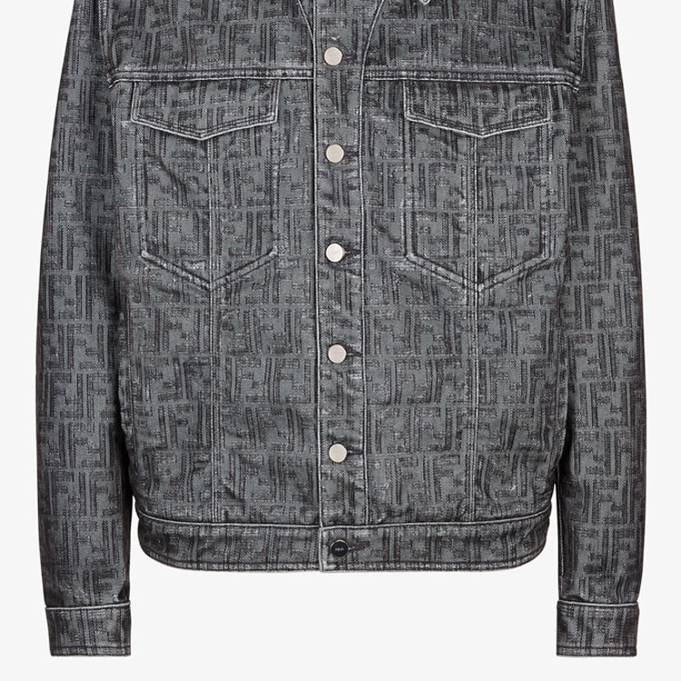 Details for FENDI SS24 Jaket Denim Cetak Logo Kelabu Lengan Panjang Berkerah. FW0428APSWF1LUY