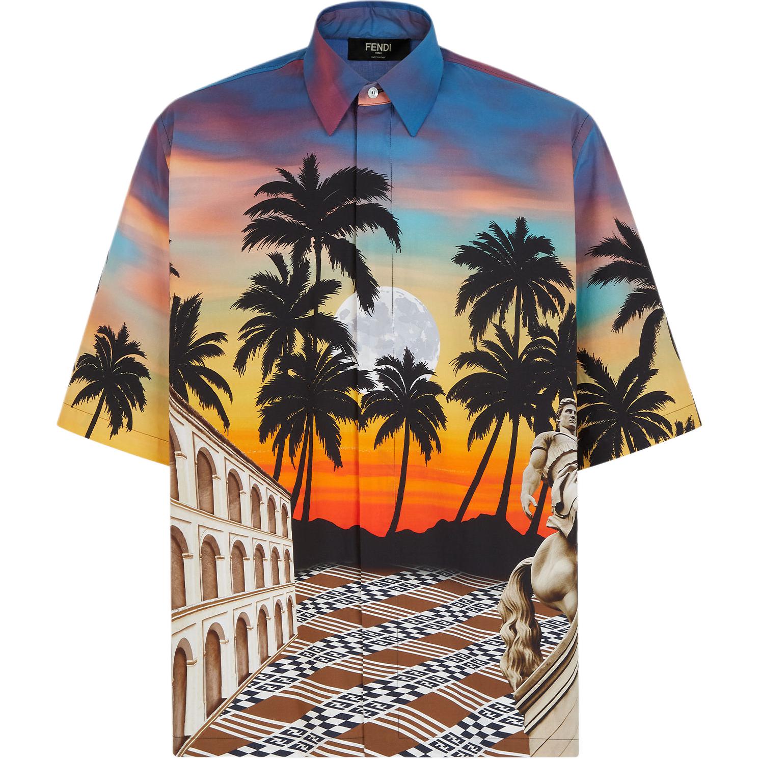 FENDI SS24 Multicolor Landscape Print Button-Up Loose Long-Sleeve Shirt FS1288ARXMF0ZA0