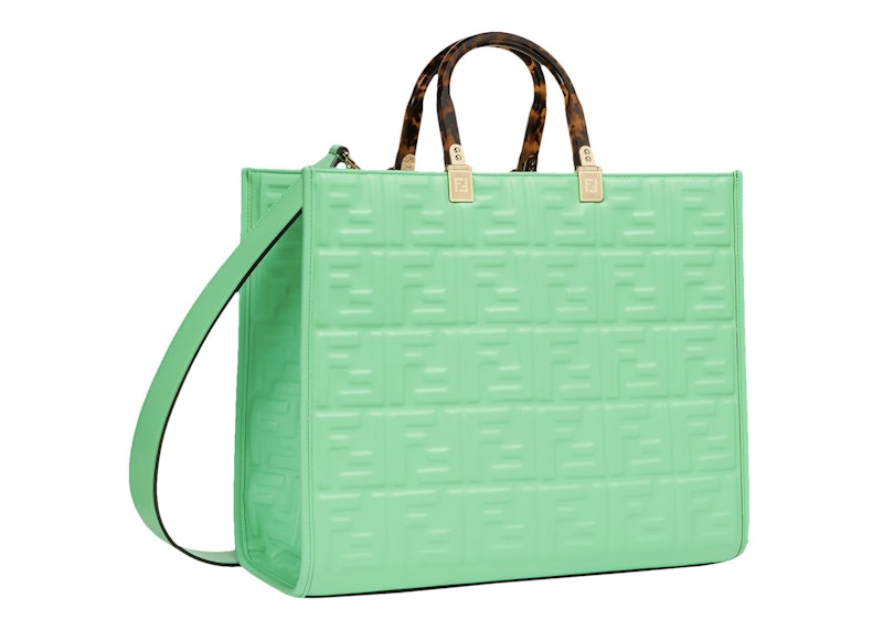 Fendi Sunshine Medium Green Leather Shopper With FF Motif Green