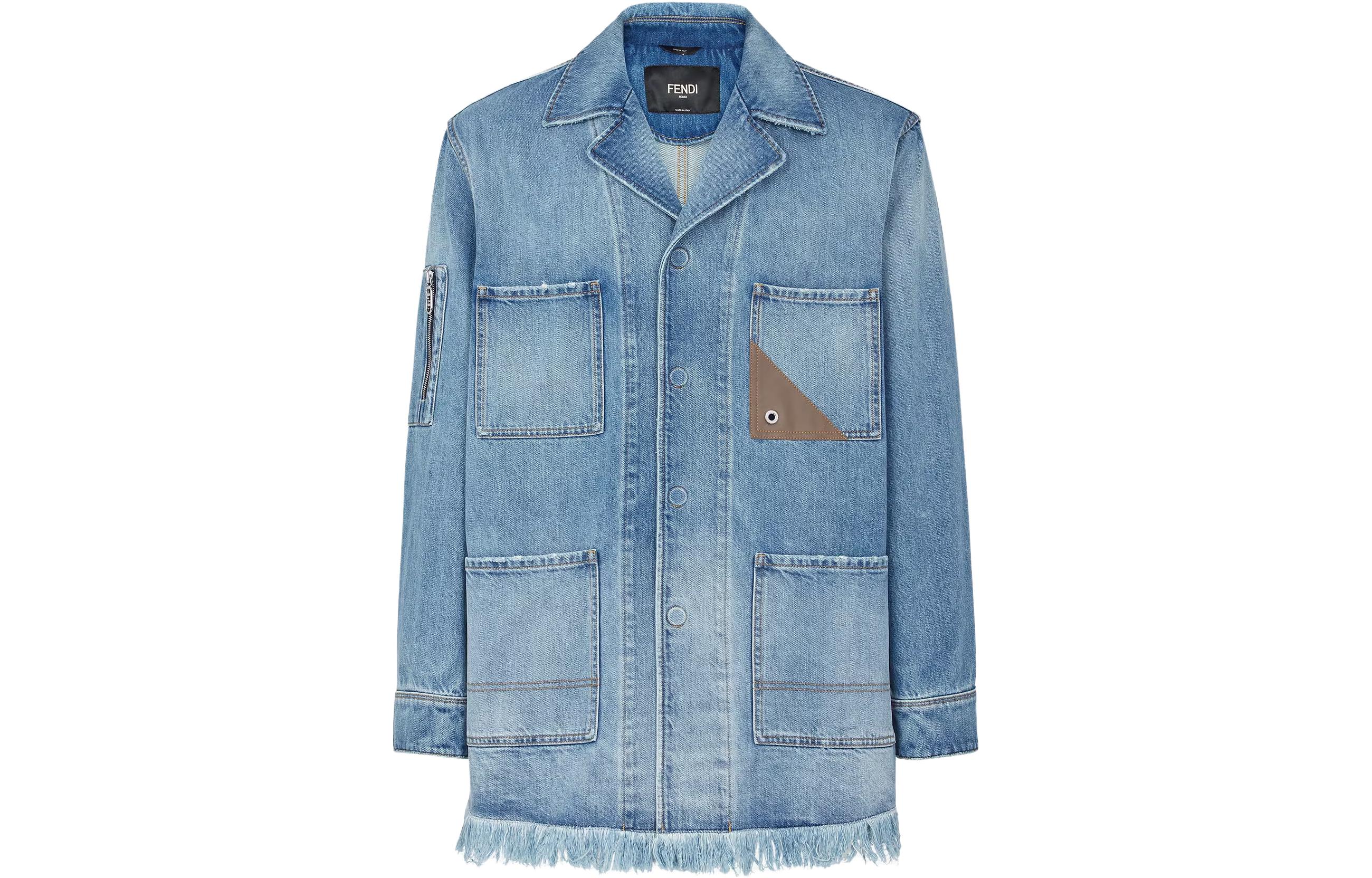 FENDI Washed Leather Detail Cuban Collar Denim Jacket Blue - . FW1225AN4WF0QG0