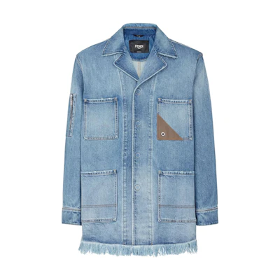 FENDI Washed Leather Detail Cuban Collar Denim Jacket Blue - . FW1225AN4WF0QG0