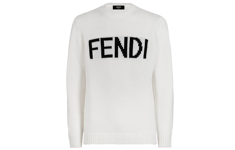 FENDI White Logo Intarsia Wool Pullover Sweater FZZ387A3M3F0QA0