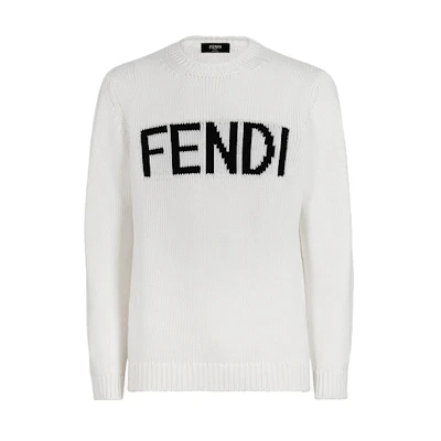 FENDI White Logo Intarsia Wool Pullover Sweater FZZ387A3M3F0QA0