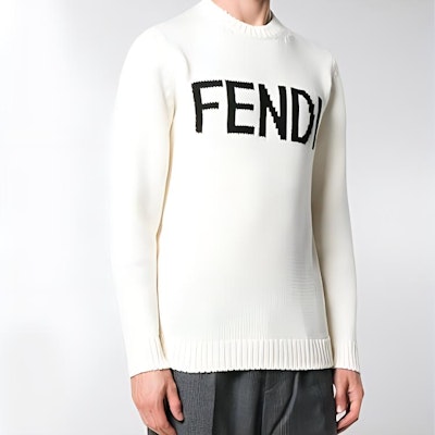 FENDI White Logo Intarsia Wool Pullover Sweater FZZ387A3M3F0QA0 Details for FENDI White Logo Intarsia Wool Pullover Sweater FZZ387A3M3F0QA0