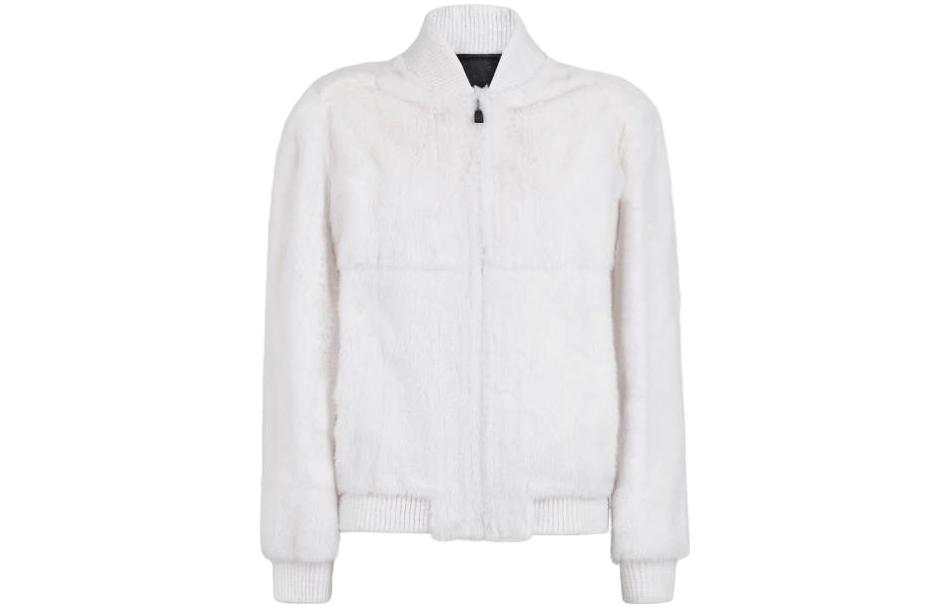 Fendi White Mink Reversible Bomber Jacket with Letter Print V-Neck Long Sleeve FME190JS7F0ZNE