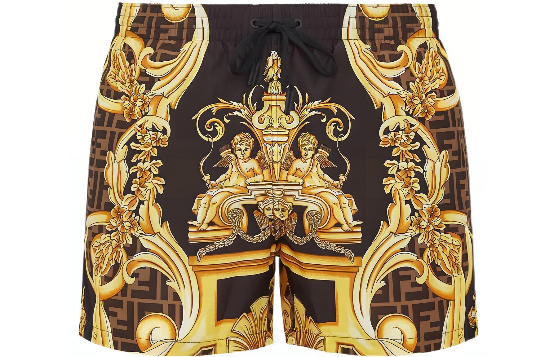 FENDI VERSACE  Black Logo Print Drawstring Casual Shorts. FXB077AKGZF0CQ7