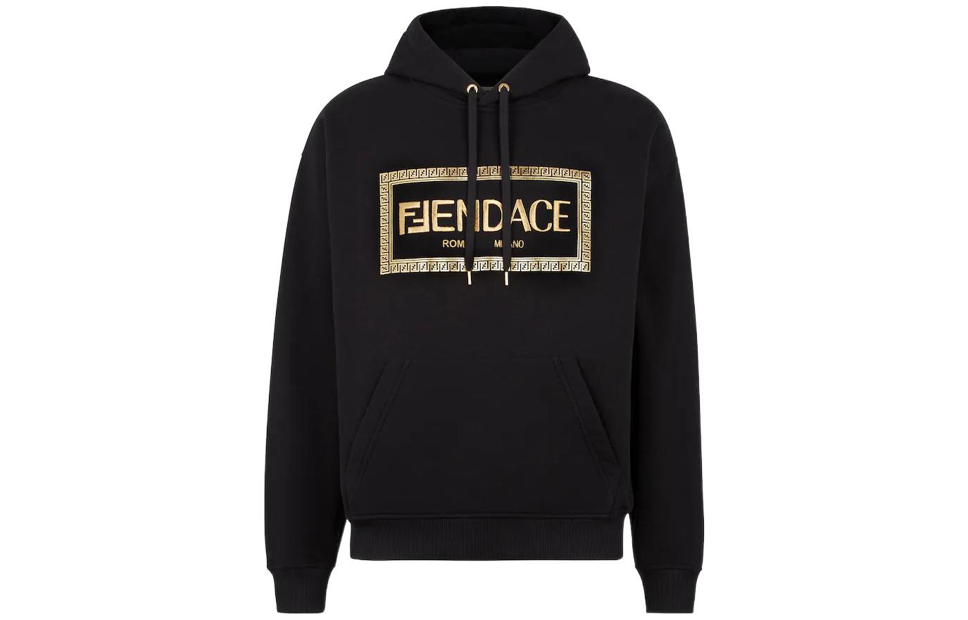 FENDI x VERSACE  Black Logo Print Hoodie. FY1143AKDUF0QA1