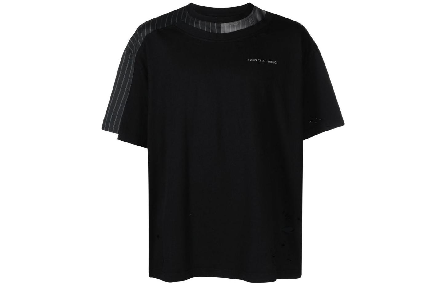 Feng Chen Wang  Black Stripe Letter Crewneck Short Sleeve T-Shirt FMS15TS03B