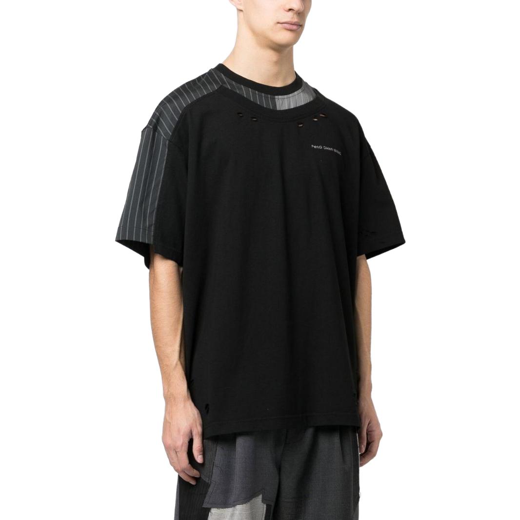 Purchase Feng Chen Wang Camiseta Negra Rayas y Letra de Manga Corta Crewneck FMS15TS03B