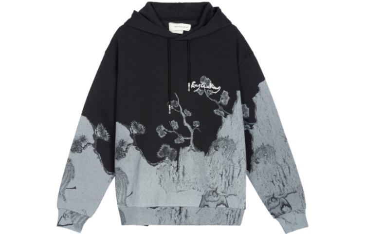 Feng Chen Wang Black Colorblock Landscape Print Embroidered Hoodie Men FF12HOO411