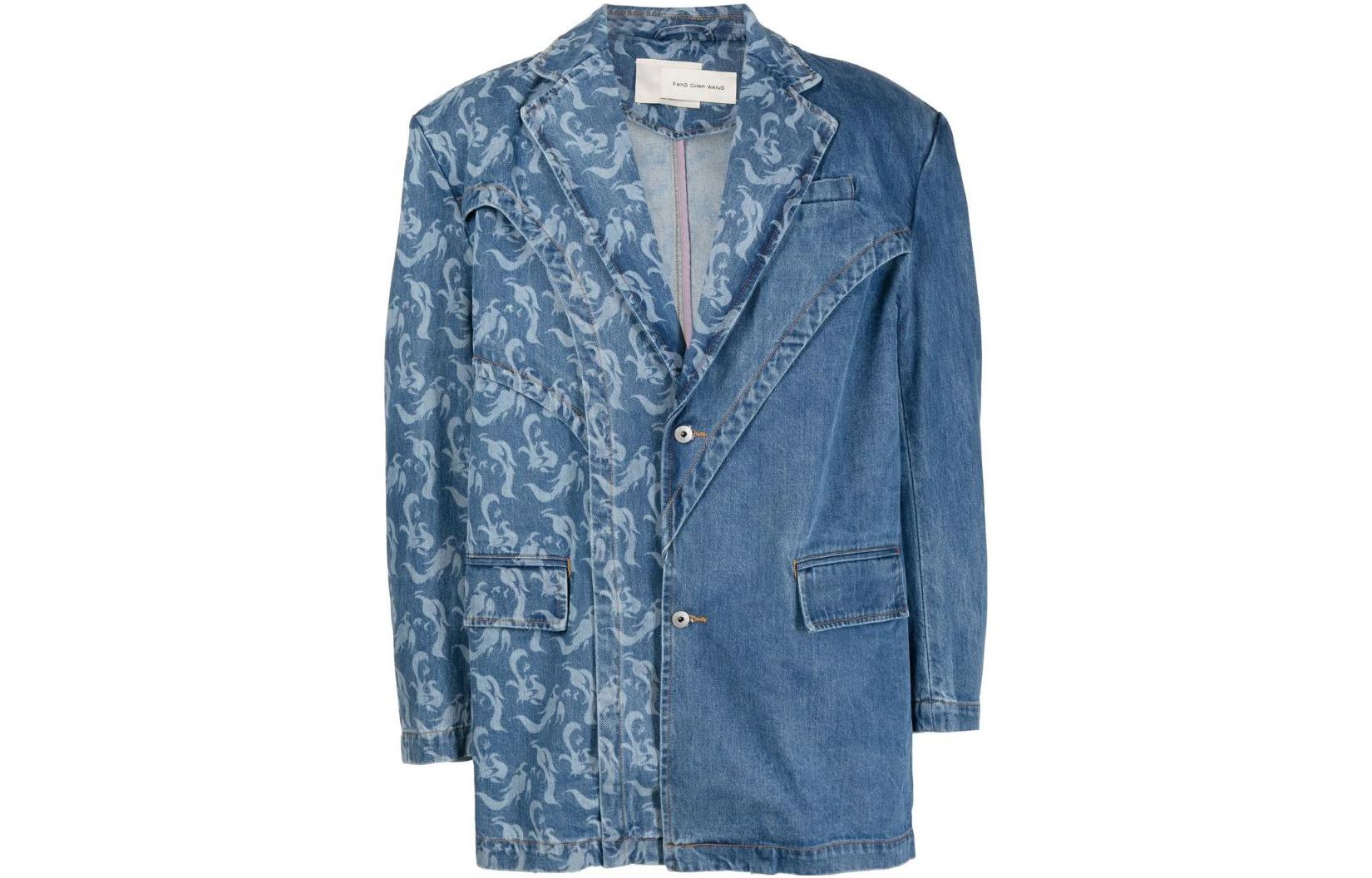 Feng Chen Wang FW22 Solid Pattern Printed Button Jacket Blue Mens FMS13JK09BLUE