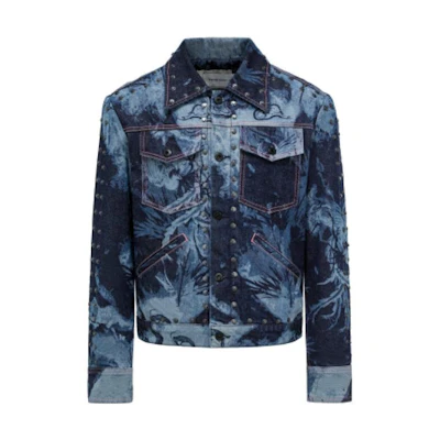 Feng Chen Wang Phoenix Print Studded Denim Jacket Unisex Deep Blue. FUF16JK06