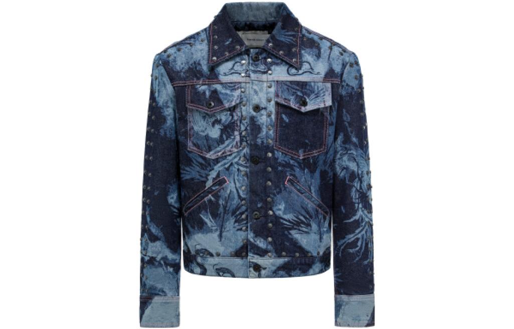 Order Chaqueta Vaquera Unisex Azul Marino Feng Chen Wang con Estampado Fénix y Tachuelas. FUF16JK06