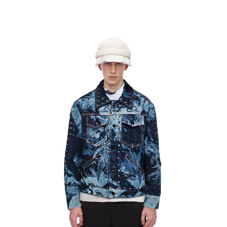 Sizing Chaqueta Vaquera Unisex Azul Marino Feng Chen Wang con Estampado Fénix y Tachuelas. FUF16JK06