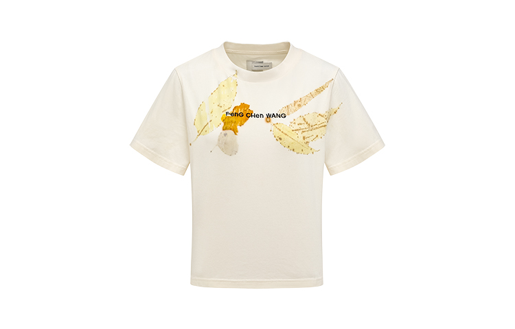 Feng Chen Wang Plant Dye SS24 Leaf Print Logo Embroidered Unisex White T-Shirt. FWS17TS06A