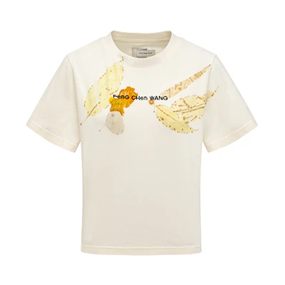 Feng Chen Wang Plant Dye SS24 Leaf Print Logo Embroidered Unisex White T-Shirt. FWS17TS06A