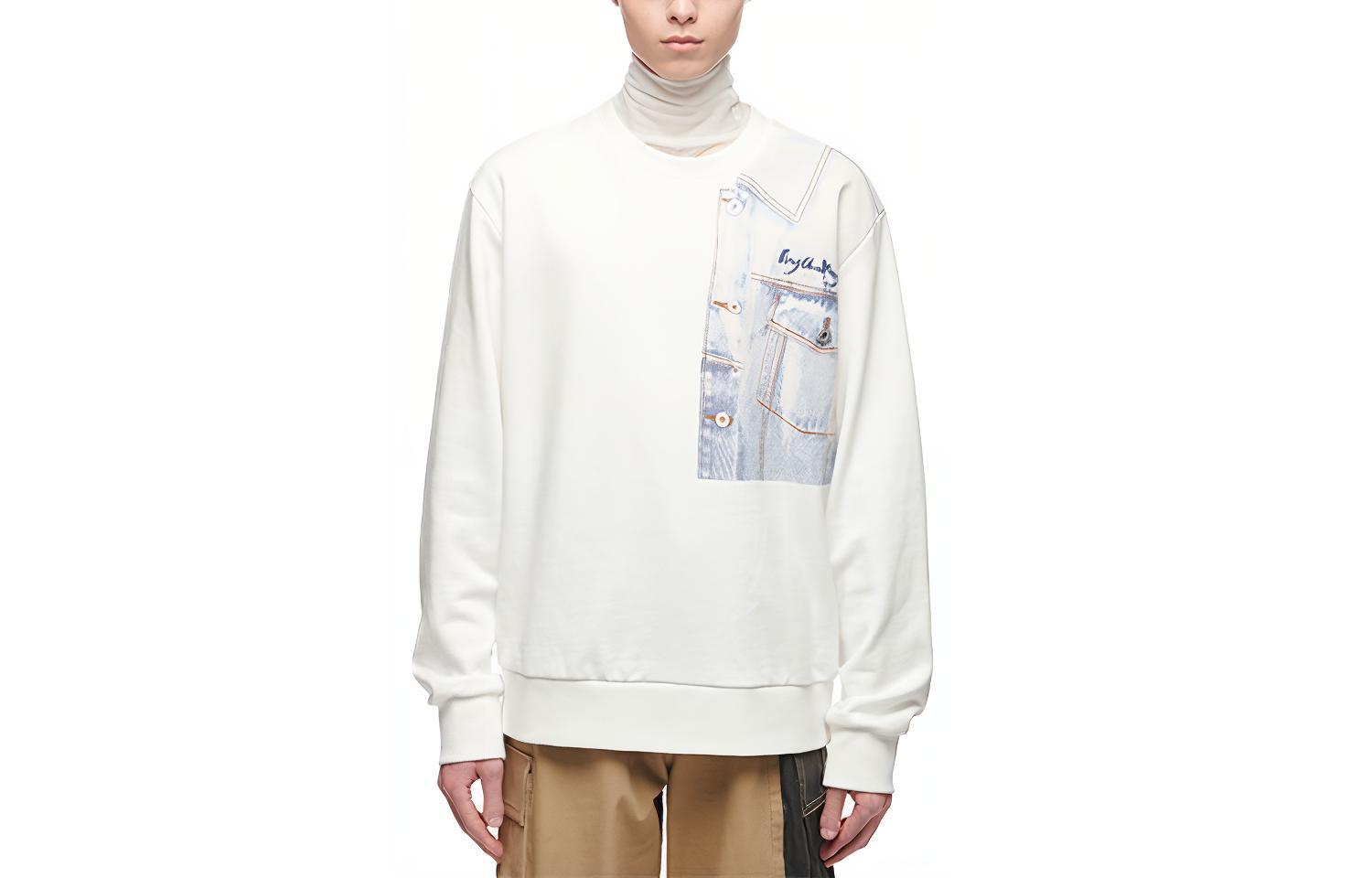 Feng Chen Wang SS21 Denim Print Patchwork Long Sleeve Pullover Hoodie White Men FS11SWE308