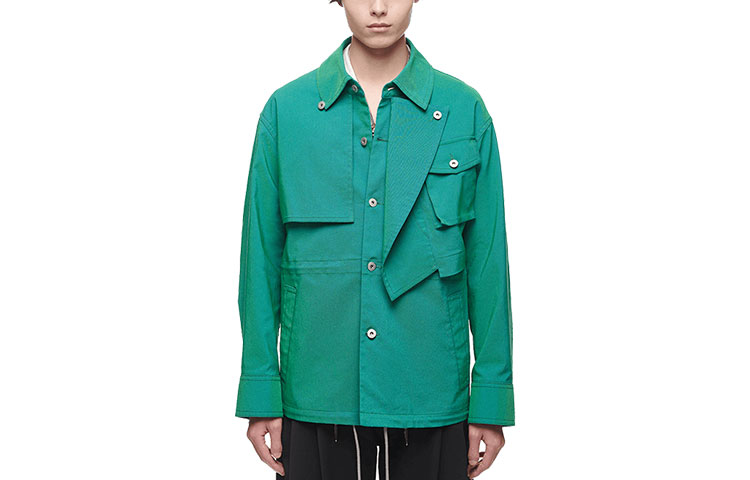 Feng Chen Wang SS21 Green Deconstructed Cotton Twill Drawstring Jacket Men FS11JAC128