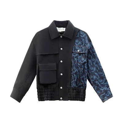 FENG CHEN WANG SS22 Black Jacket with Linen Mesh Splice Design. FMS13JK10