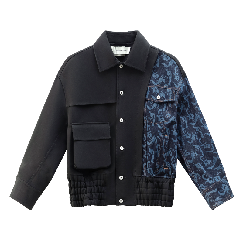 Order FENG CHEN WANG SS22 Chaqueta Negra con Diseño de Malla de Lino. FMS13JK10