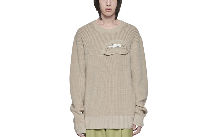 Feng Chen Wang SS22  Deconstructed Double Collar Wool Sweater Khaki. FMS13KT01