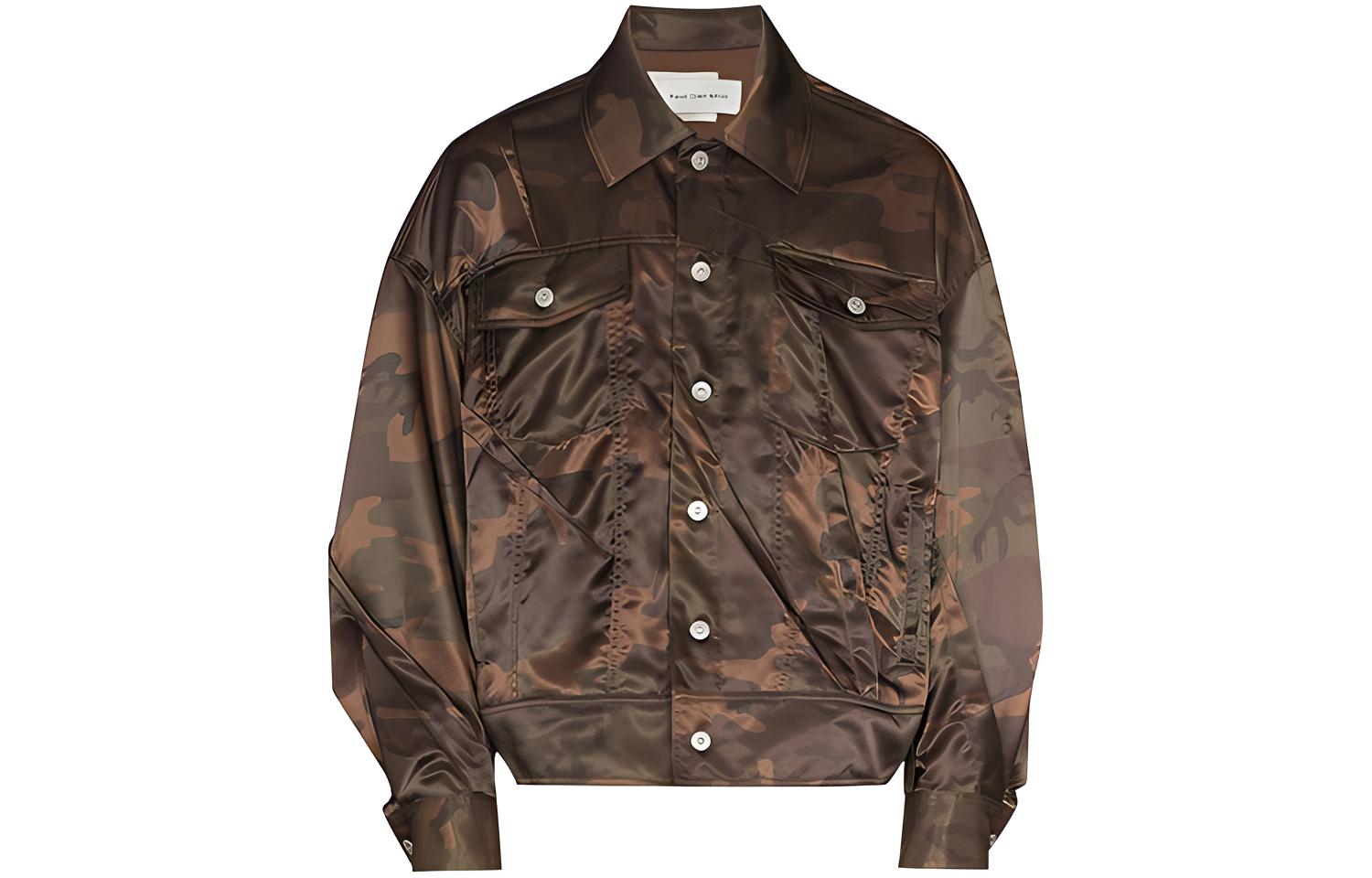 FENG CHEN WANG SS22 Camouflage Print Pleated Long Sleeve Jacket Brown Menswear FS13JAC111