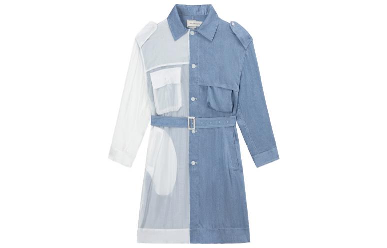 FENG CHEN WANG SS22 Patterned Textured Patchwork Long Coat Blue Men’s. FS13COA002