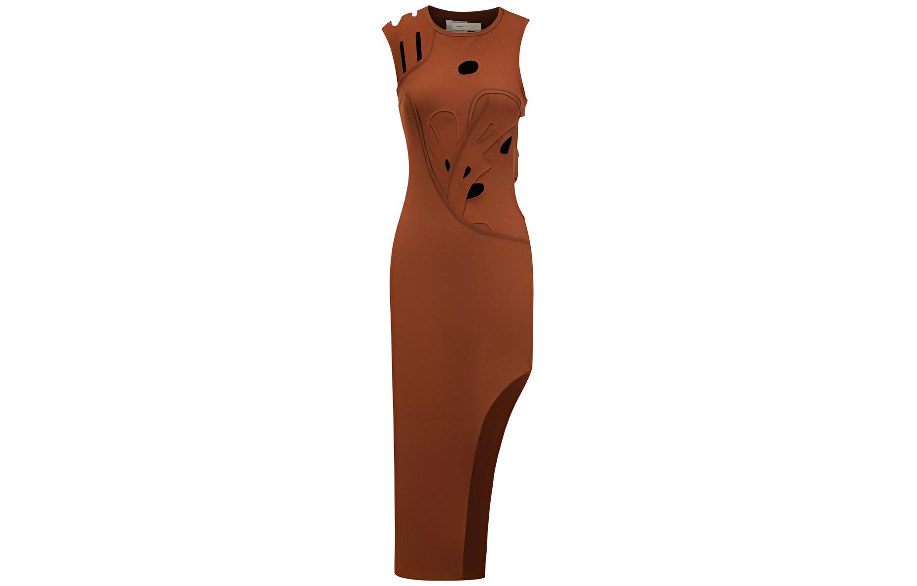 Feng Chen Wang SS23 Brown Sleeveless Midi Dress with Cutout Design FWS15DR07