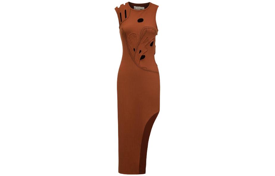 Order Vestido Midi Marrón sin Mangas Feng Chen Wang SS23 con Diseño de Recortes. FWS15DR07