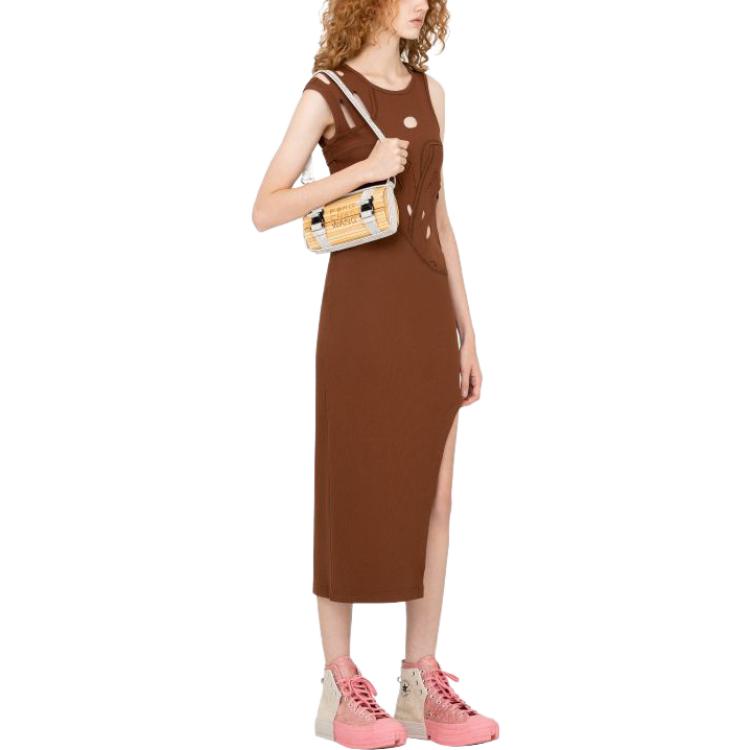 Purchase Vestido Midi Marrón sin Mangas Feng Chen Wang SS23 con Diseño de Recortes. FWS15DR07